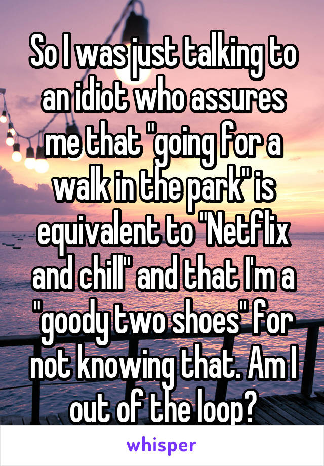 So I was just talking to an idiot who assures me that "going for a walk in the park" is equivalent to "Netflix and chill" and that I'm a "goody two shoes" for not knowing that. Am I out of the loop?