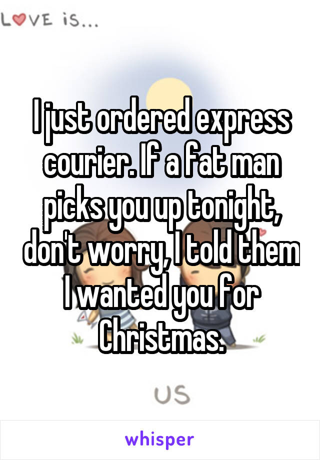 I just ordered express courier. If a fat man picks you up tonight, don't worry, I told them I wanted you for Christmas.