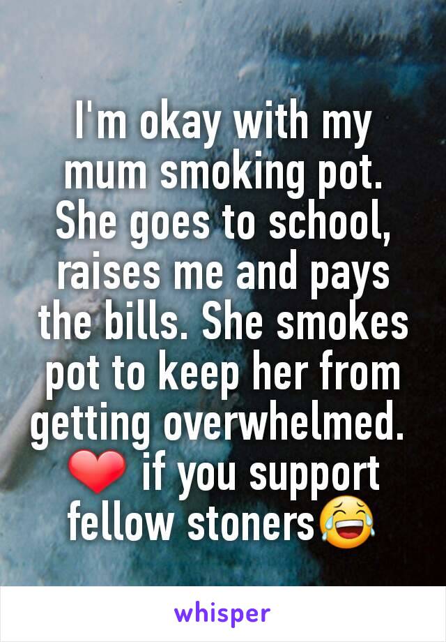 I'm okay with my mum smoking pot. She goes to school, raises me and pays the bills. She smokes pot to keep her from getting overwhelmed. 
❤ if you support fellow stoners😂