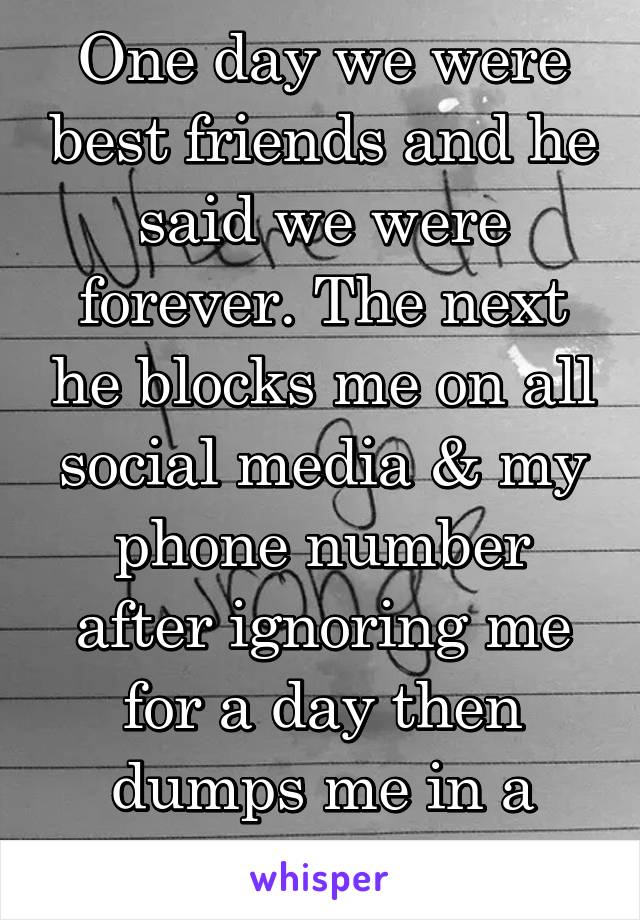 One day we were best friends and he said we were forever. The next he blocks me on all social media & my phone number after ignoring me for a day then dumps me in a quick phone call.