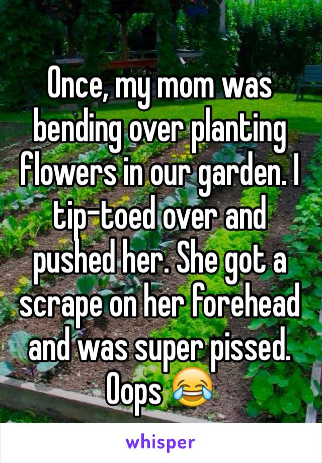 Once, my mom was bending over planting flowers in our garden. I tip-toed over and pushed her. She got a scrape on her forehead and was super pissed. Oops 😂