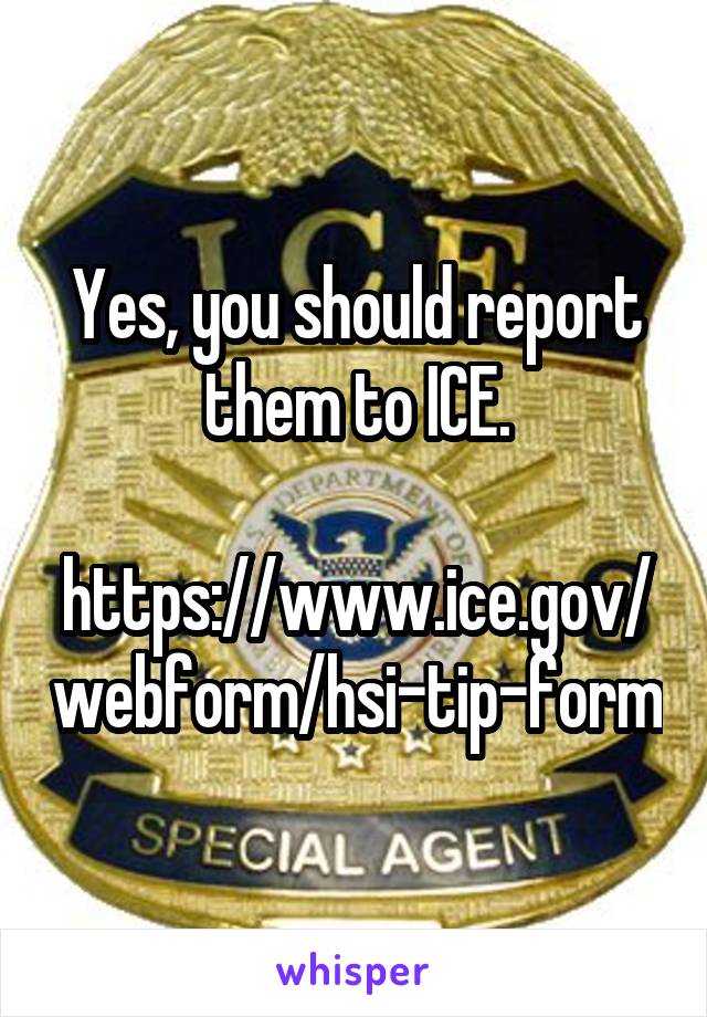 Yes, you should report them to ICE.

https://www.ice.gov/webform/hsi-tip-form