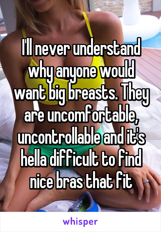 I'll never understand why anyone would want big breasts. They are uncomfortable, uncontrollable and it's hella difficult to find nice bras that fit