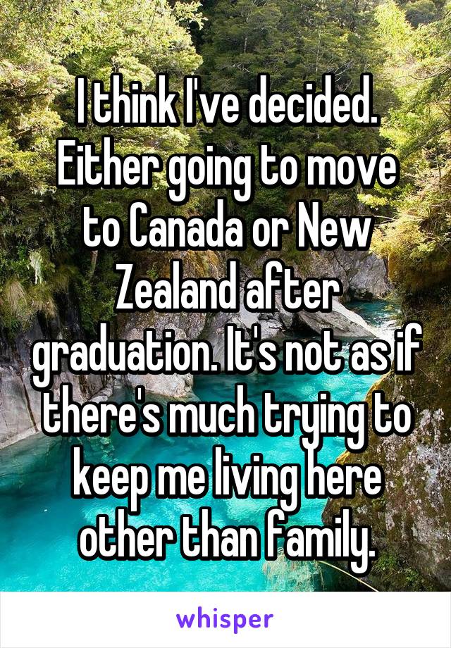 I think I've decided.
Either going to move to Canada or New Zealand after graduation. It's not as if there's much trying to keep me living here other than family.