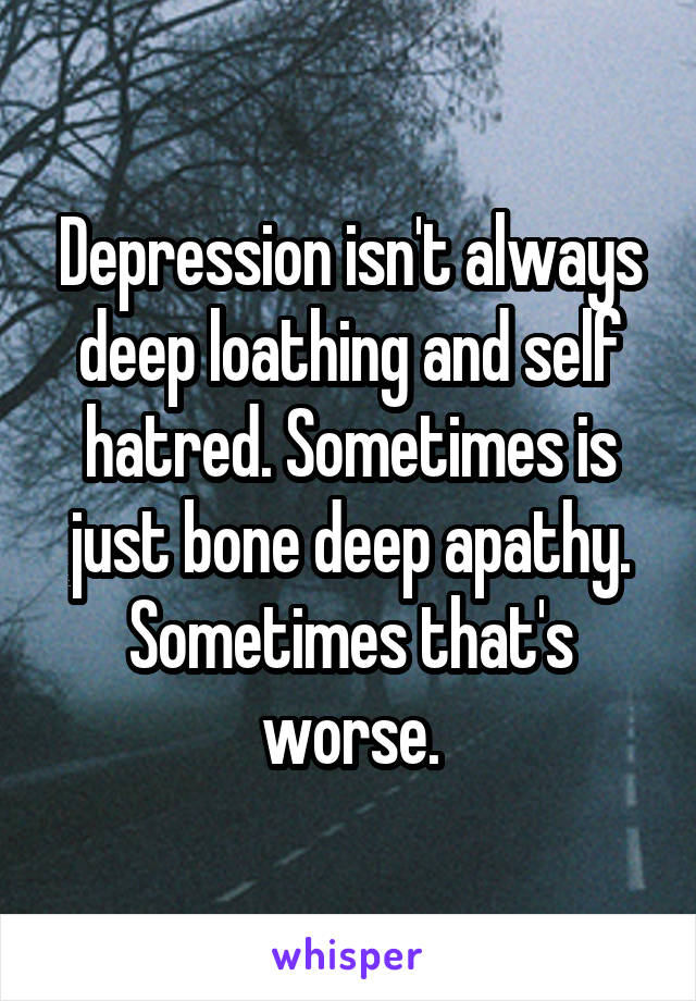 Depression isn't always deep loathing and self hatred. Sometimes is just bone deep apathy. Sometimes that's worse.