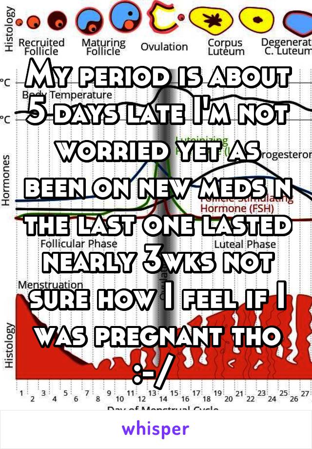 My period is about 5 days late I'm not worried yet as been on new meds n the last one lasted nearly 3wks not sure how I feel if I was pregnant tho :-/ 