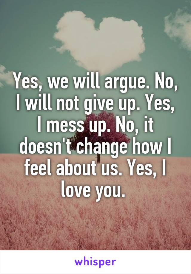 Yes, we will argue. No, I will not give up. Yes, I mess up. No, it doesn't change how I feel about us. Yes, I love you. 