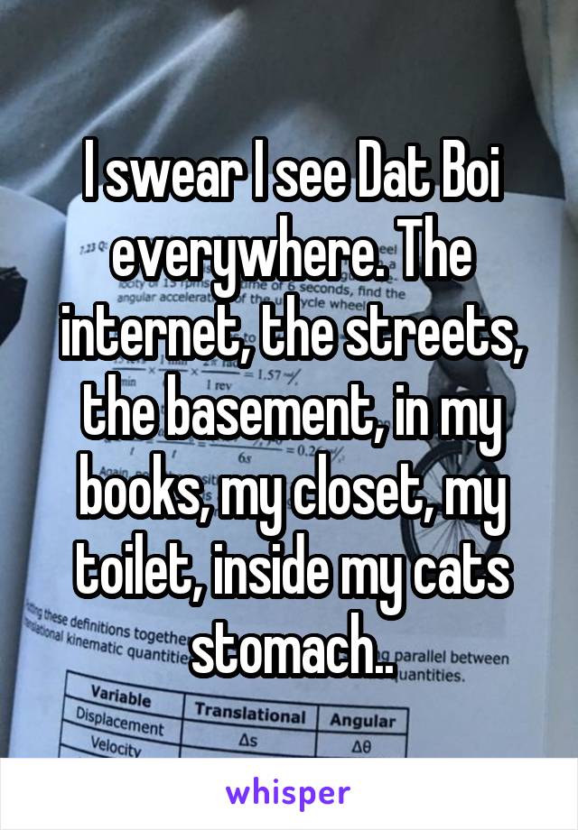 I swear I see Dat Boi everywhere. The internet, the streets, the basement, in my books, my closet, my toilet, inside my cats stomach..