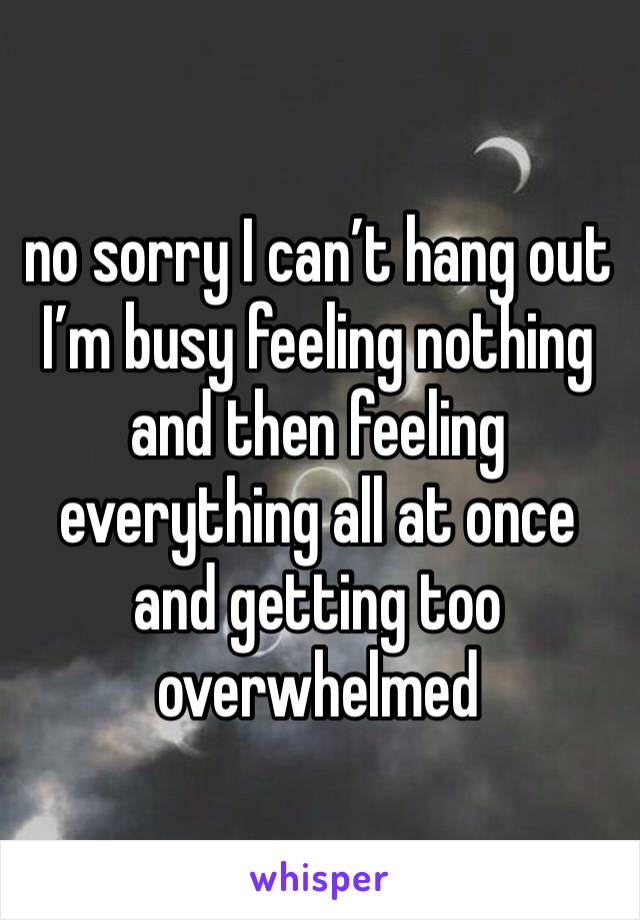 no sorry I can’t hang out I’m busy feeling nothing and then feeling everything all at once and getting too overwhelmed