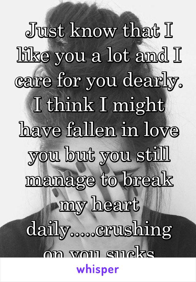 Just know that I like you a lot and I care for you dearly. I think I might have fallen in love you but you still manage to break my heart daily.....crushing on you sucks