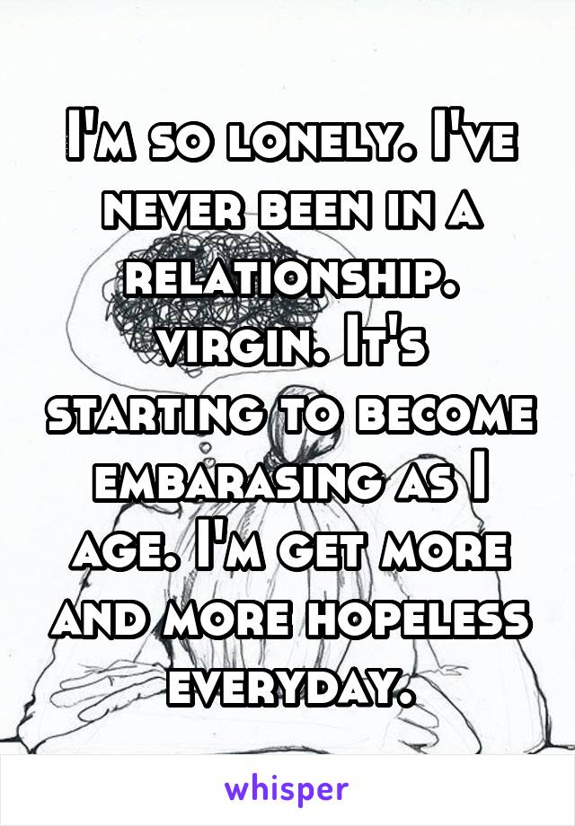 I'm so lonely. I've never been in a relationship. virgin. It's starting to become embarasing as I age. I'm get more and more hopeless everyday.