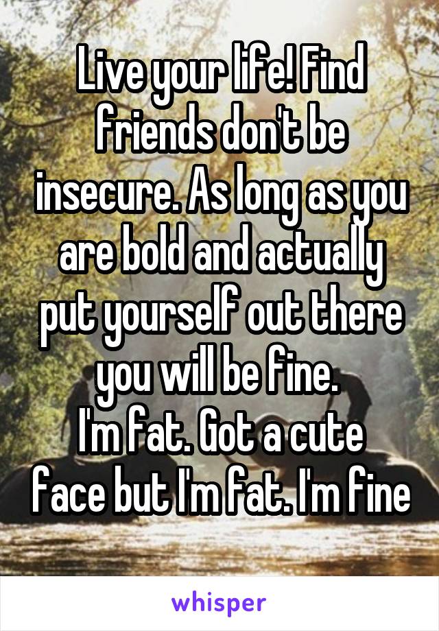 Live your life! Find friends don't be insecure. As long as you are bold and actually put yourself out there you will be fine. 
I'm fat. Got a cute face but I'm fat. I'm fine 