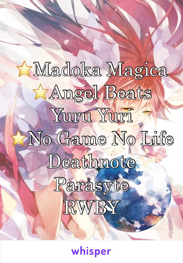 ⭐️Madoka Magica
⭐️Angel Beats
Yuru Yuri
⭐️No Game No Life
Deathnote
Parasyte
RWBY