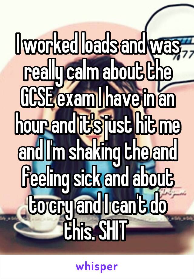 I worked loads and was really calm about the GCSE exam I have in an hour and it's just hit me and I'm shaking the and feeling sick and about to cry and I can't do this. SHIT 