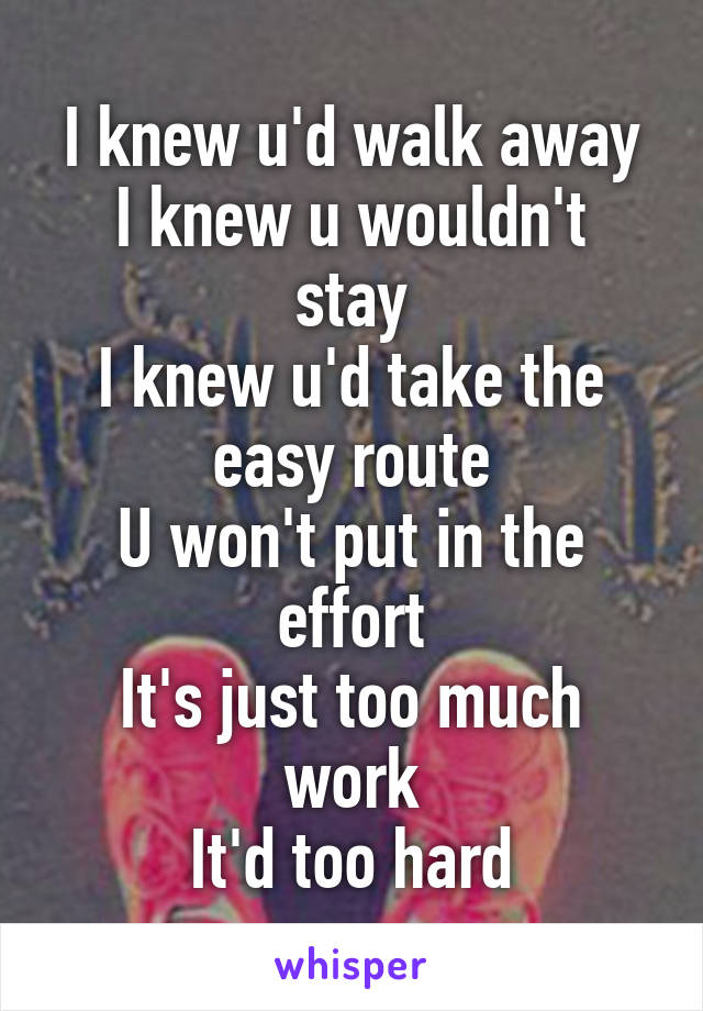 I knew u'd walk away
I knew u wouldn't stay
I knew u'd take the easy route
U won't put in the effort
It's just too much work
It'd too hard