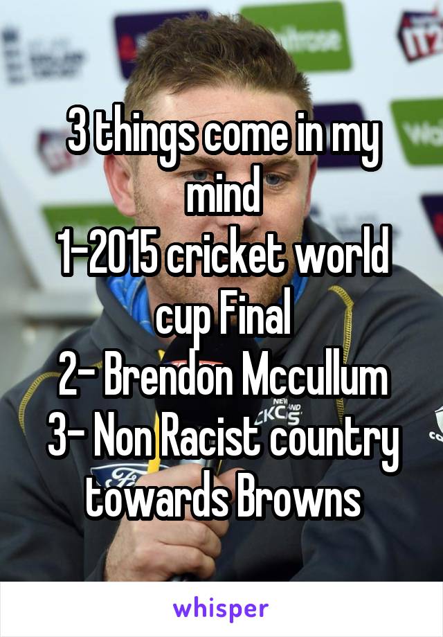 3 things come in my mind
1-2015 cricket world cup Final
2- Brendon Mccullum
3- Non Racist country towards Browns