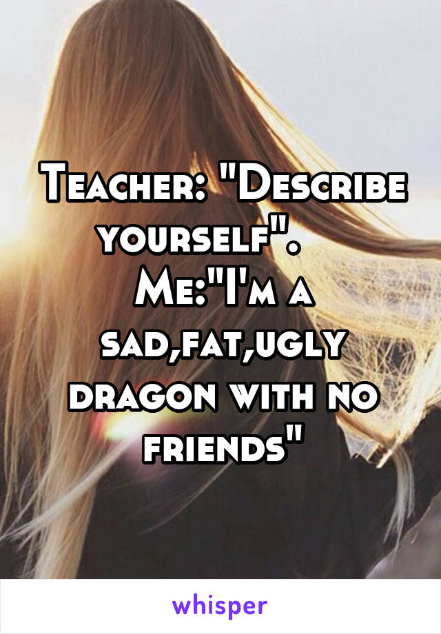 Teacher: "Describe yourself".     Me:"I'm a sad,fat,ugly dragon with no friends"