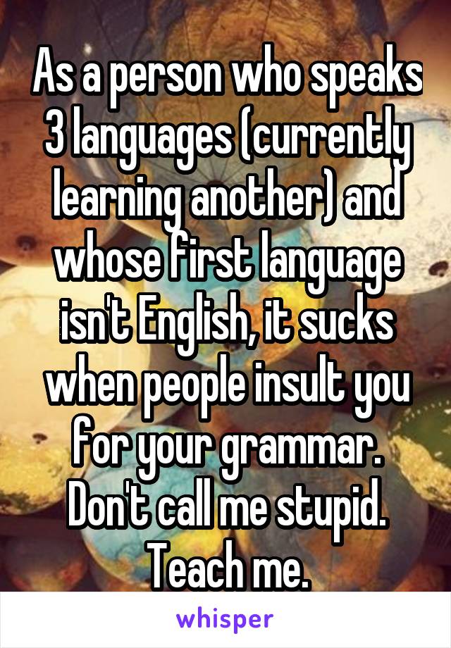 As a person who speaks 3 languages (currently learning another) and whose first language isn't English, it sucks when people insult you for your grammar. Don't call me stupid. Teach me.