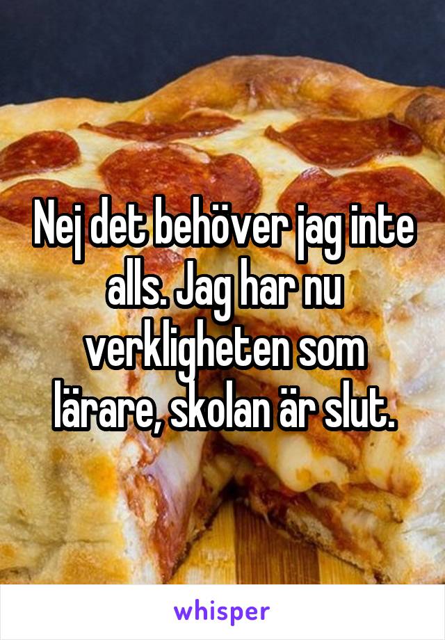 Nej det behöver jag inte alls. Jag har nu verkligheten som lärare, skolan är slut.