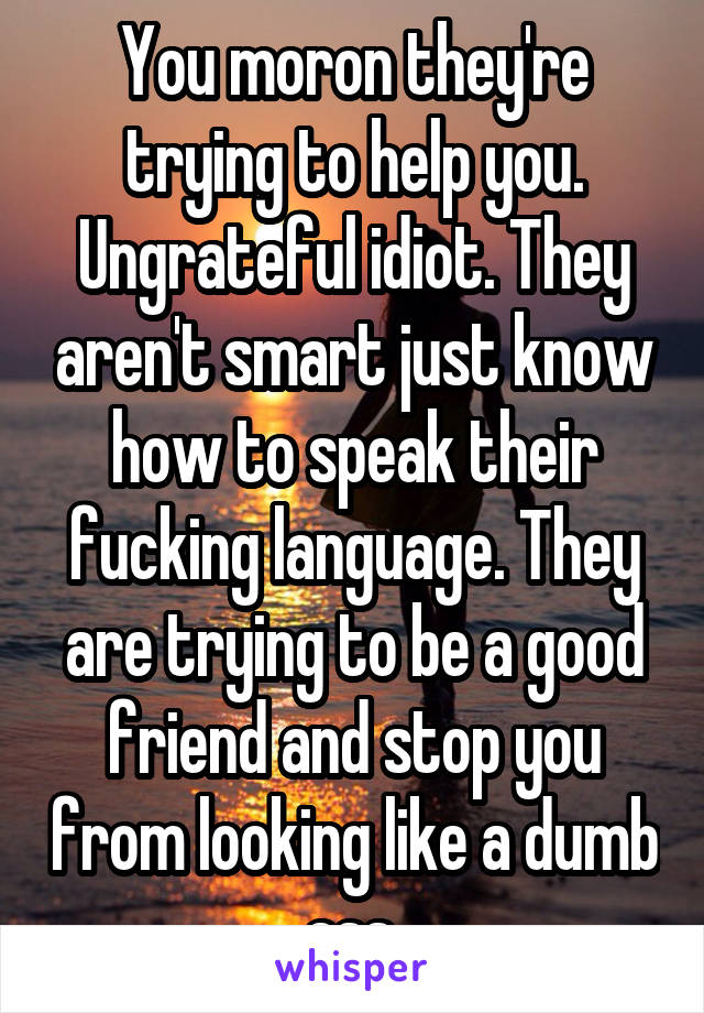 You moron they're trying to help you. Ungrateful idiot. They aren't smart just know how to speak their fucking language. They are trying to be a good friend and stop you from looking like a dumb ass.