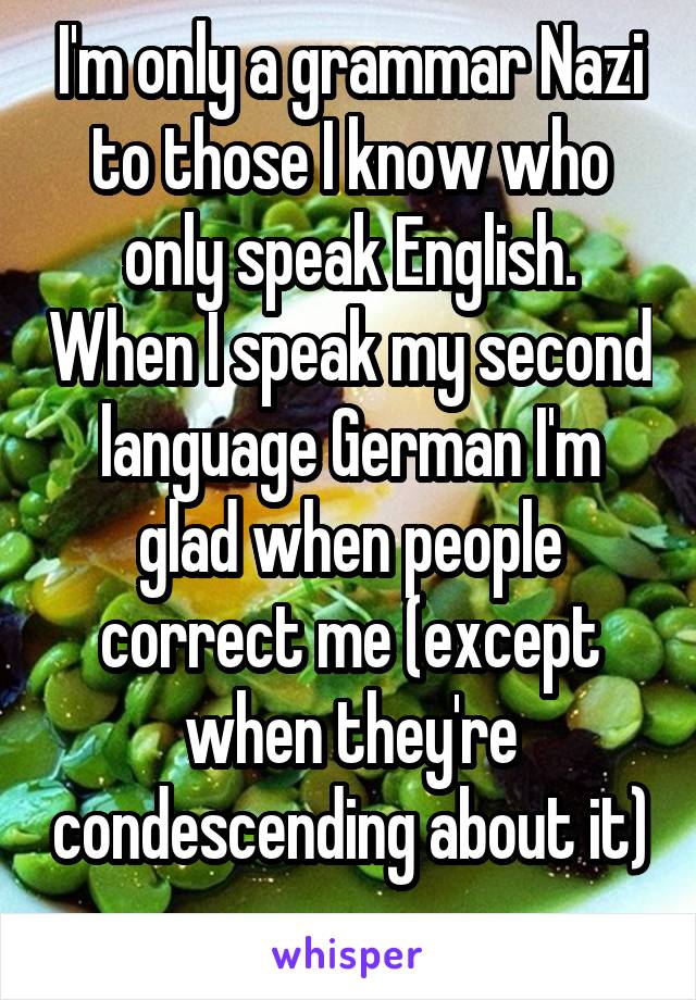 I'm only a grammar Nazi to those I know who only speak English. When I speak my second language German I'm glad when people correct me (except when they're condescending about it) 