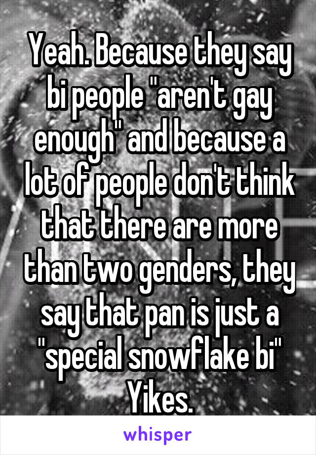 Yeah. Because they say bi people "aren't gay enough" and because a lot of people don't think that there are more than two genders, they say that pan is just a "special snowflake bi"
Yikes.