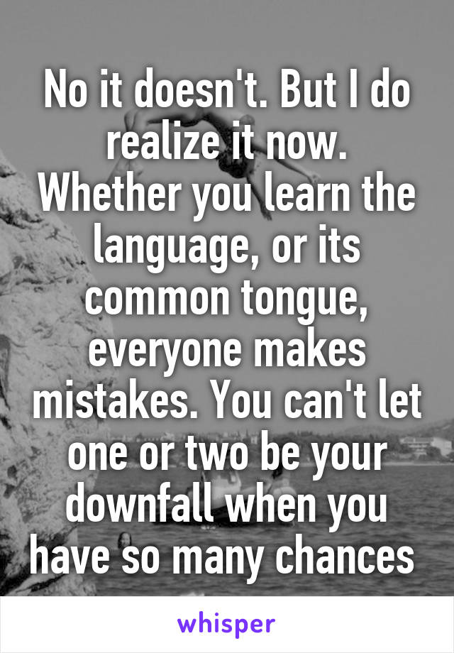 No it doesn't. But I do realize it now. Whether you learn the language, or its common tongue, everyone makes mistakes. You can't let one or two be your downfall when you have so many chances 