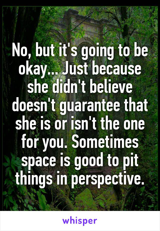 No, but it's going to be okay... Just because she didn't believe doesn't guarantee that she is or isn't the one for you. Sometimes space is good to pit things in perspective.