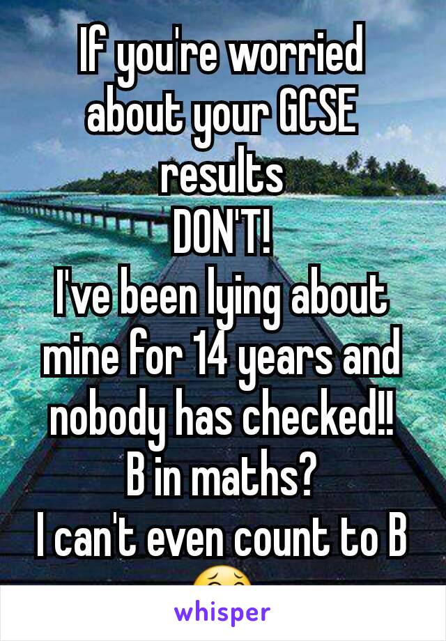If you're worried about your GCSE results
DON'T!
I've been lying about mine for 14 years and nobody has checked!!
B in maths?
I can't even count to B 😂