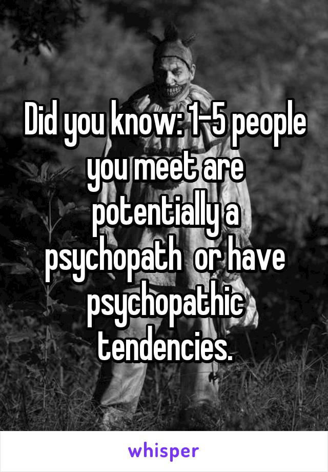 Did you know: 1-5 people you meet are potentially a psychopath  or have psychopathic tendencies.
