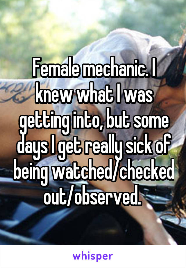 Female mechanic. I knew what I was getting into, but some days I get really sick of being watched/checked out/observed. 