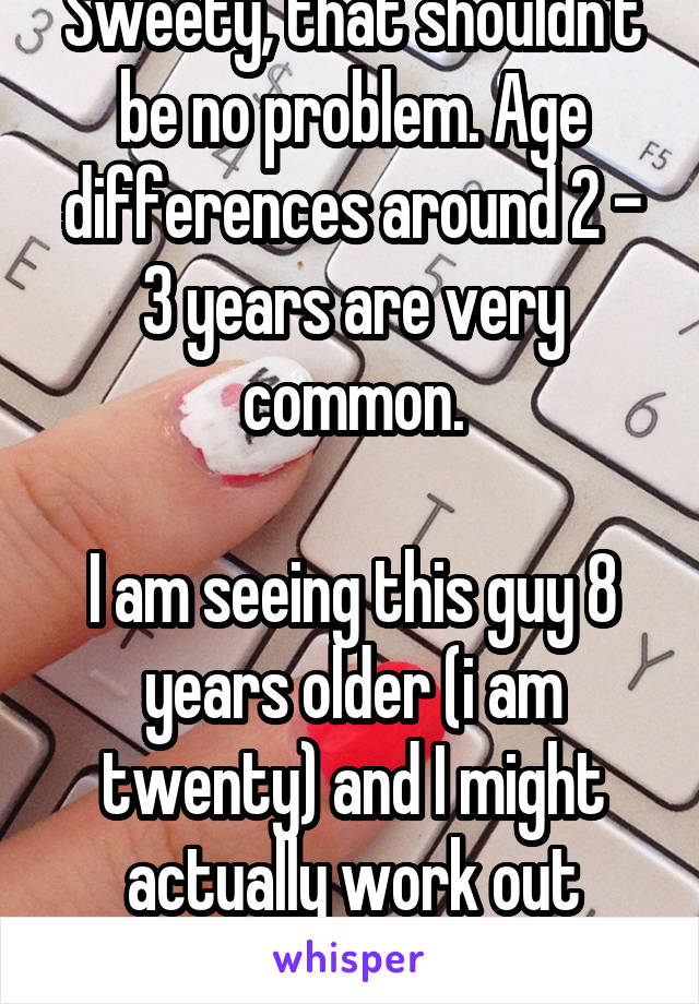 Sweety, that shouldn't be no problem. Age differences around 2 - 3 years are very common.

I am seeing this guy 8 years older (i am twenty) and I might actually work out pretty well