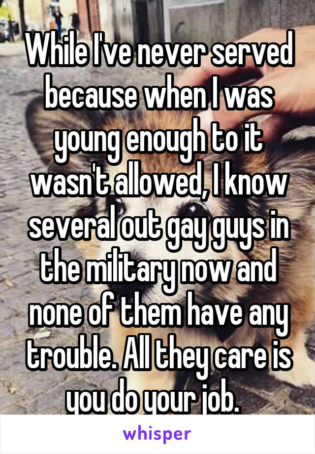 While I've never served because when I was young enough to it wasn't allowed, I know several out gay guys in the military now and none of them have any trouble. All they care is you do your job.  