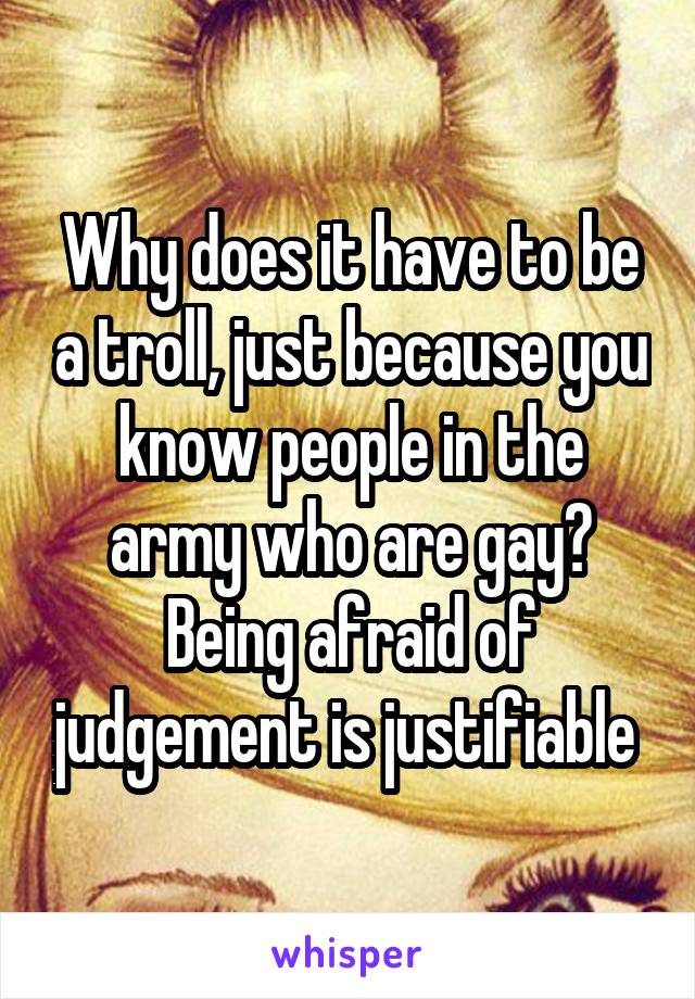 Why does it have to be a troll, just because you know people in the army who are gay?
Being afraid of judgement is justifiable 