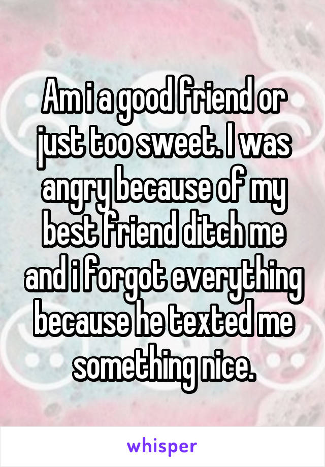 Am i a good friend or just too sweet. I was angry because of my best friend ditch me and i forgot everything because he texted me something nice.