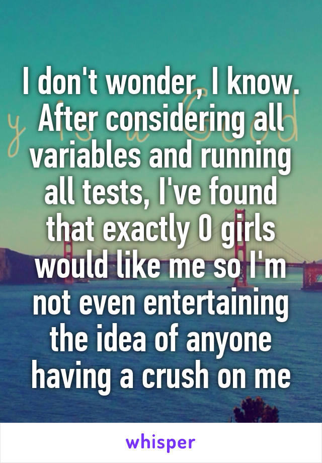 I don't wonder, I know. After considering all variables and running all tests, I've found that exactly 0 girls would like me so I'm not even entertaining the idea of anyone having a crush on me