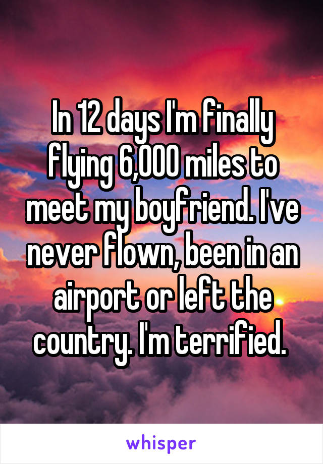 In 12 days I'm finally flying 6,000 miles to meet my boyfriend. I've never flown, been in an airport or left the country. I'm terrified. 