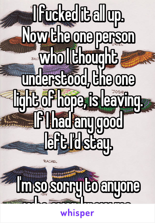 I fucked it all up.
Now the one person who I thought understood, the one light of hope, is leaving.
If I had any good
left I'd stay.

I'm so sorry to anyone who ever knew me.