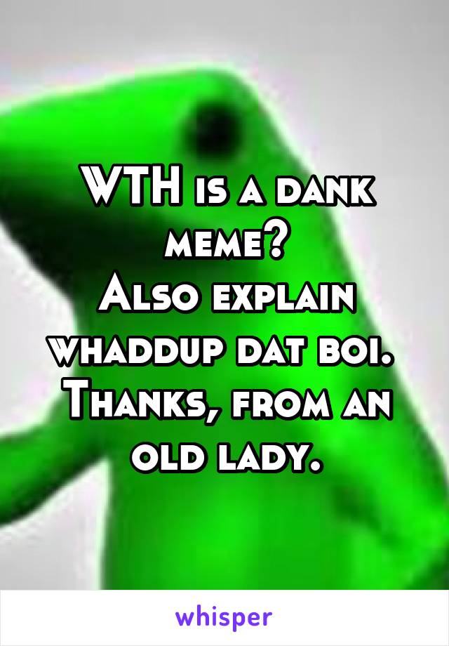 WTH is a dank meme?
Also explain whaddup dat boi. 
Thanks, from an old lady.