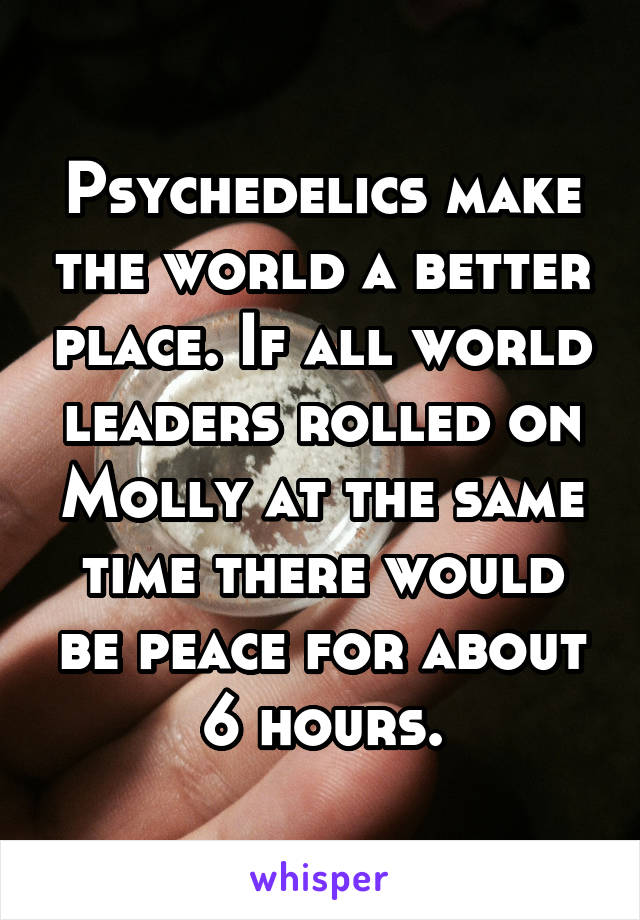 Psychedelics make the world a better place. If all world leaders rolled on Molly at the same time there would be peace for about 6 hours.