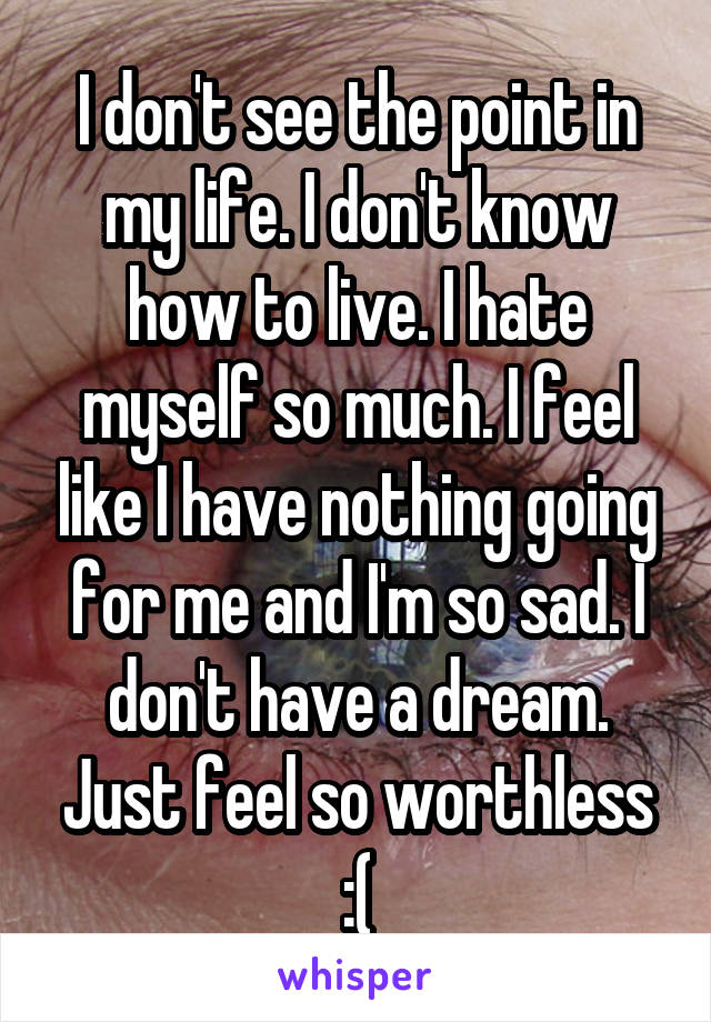 I don't see the point in my life. I don't know how to live. I hate myself so much. I feel like I have nothing going for me and I'm so sad. I don't have a dream. Just feel so worthless :(