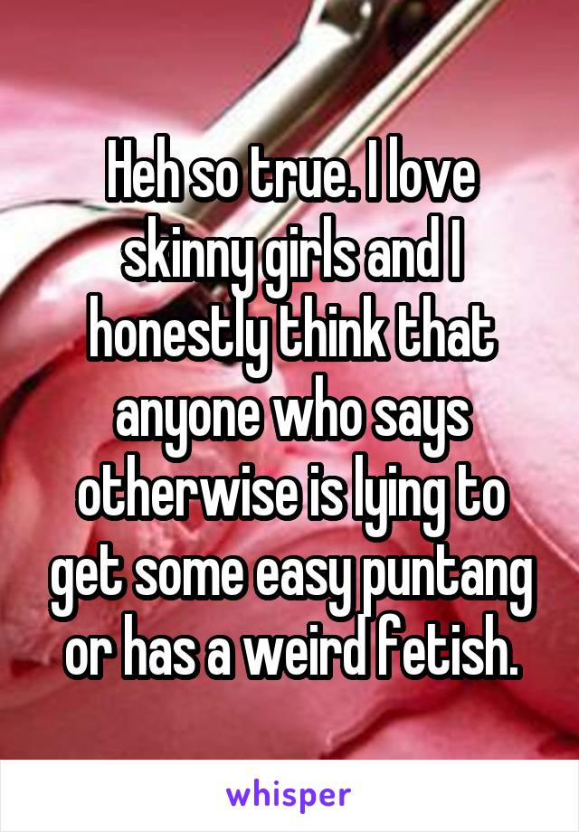 Heh so true. I love skinny girls and I honestly think that anyone who says otherwise is lying to get some easy puntang or has a weird fetish.