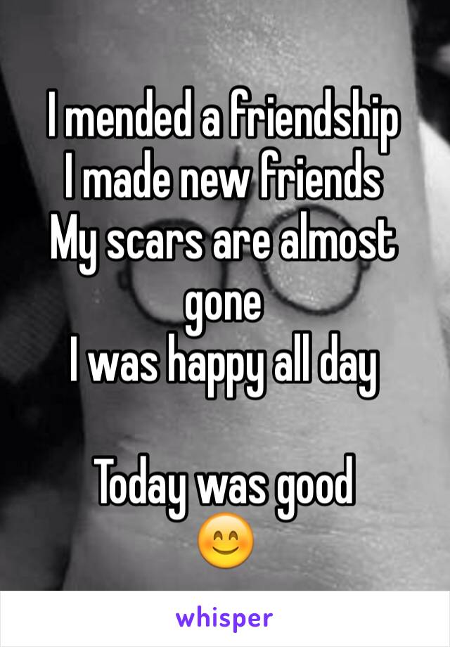 I mended a friendship
I made new friends
My scars are almost gone
I was happy all day

Today was good
😊