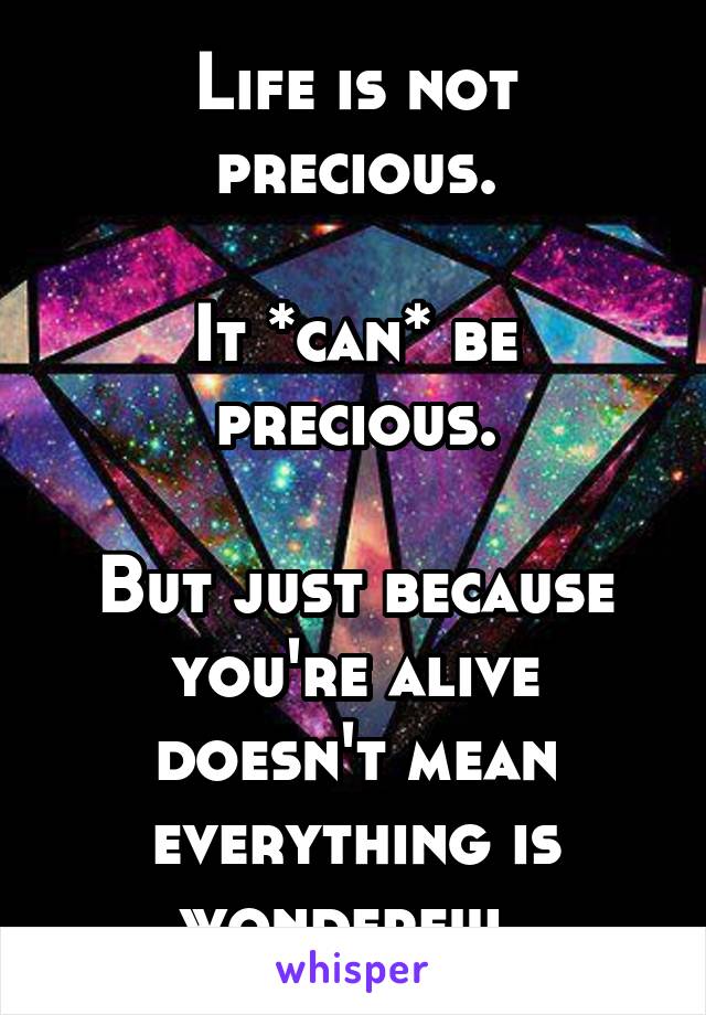 Life is not precious.

It *can* be precious.

But just because you're alive doesn't mean everything is wonderful.