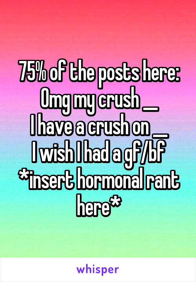 75% of the posts here:
Omg my crush __
I have a crush on __
I wish I had a gf/bf
*insert hormonal rant here*