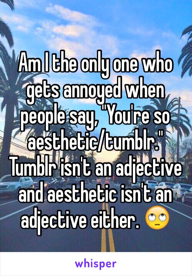 Am I the only one who gets annoyed when people say, "You're so aesthetic/tumblr."
Tumblr isn't an adjective and aesthetic isn't an adjective either. 🙄