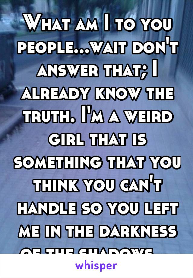 What am I to you people...wait don't answer that; I already know the truth. I'm a weird girl that is something that you think you can't handle so you left me in the darkness of the shadows... 