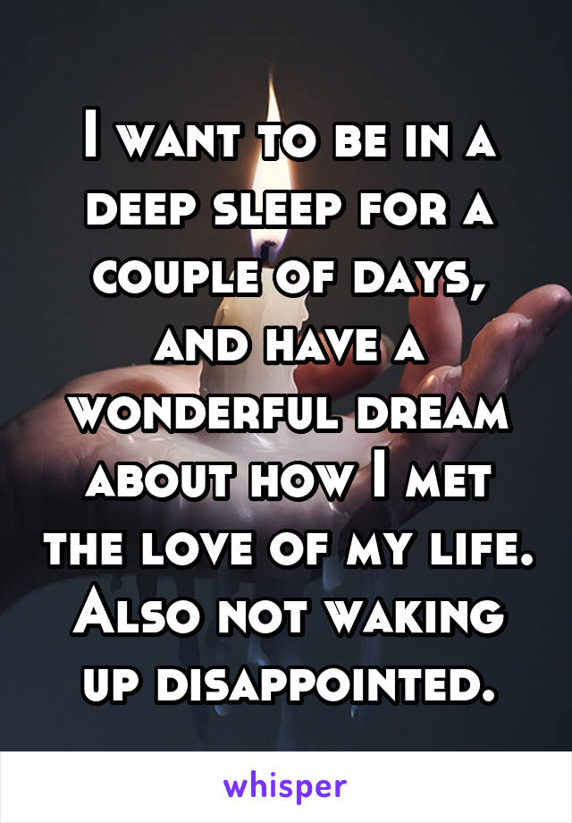 I want to be in a deep sleep for a couple of days, and have a wonderful dream about how I met the love of my life. Also not waking up disappointed.