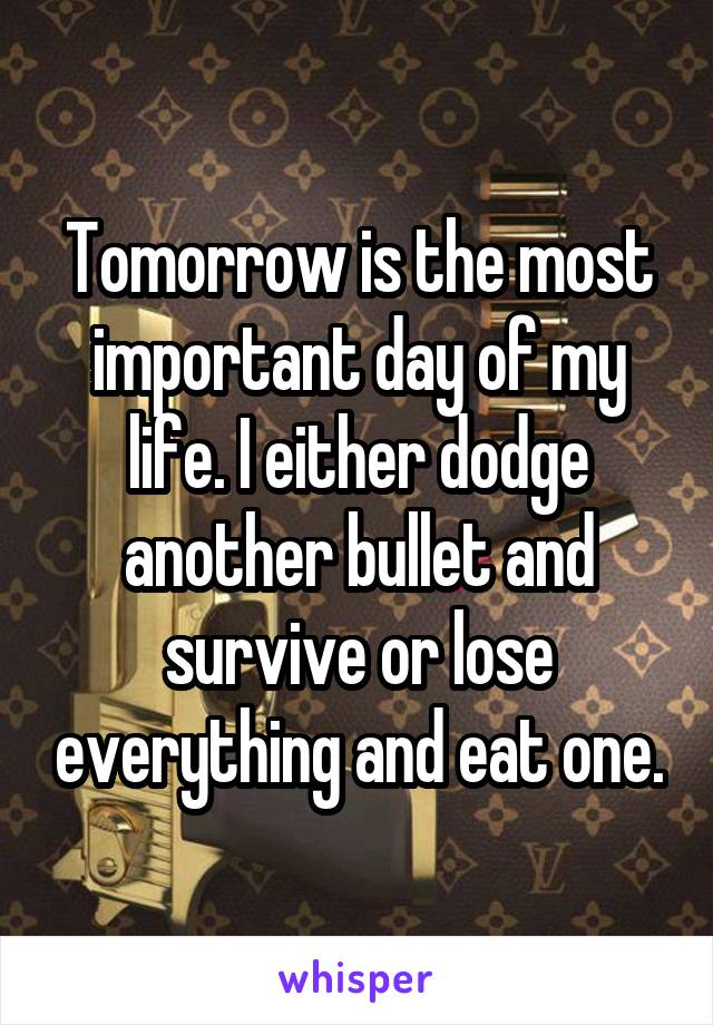 Tomorrow is the most important day of my life. I either dodge another bullet and survive or lose everything and eat one.