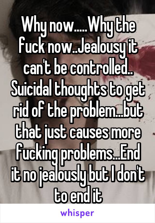 Why now.....Why the fuck now..Jealousy it can't be controlled.. Suicidal thoughts to get rid of the problem...but that just causes more fucking problems...End it no jealously but I don't to end it